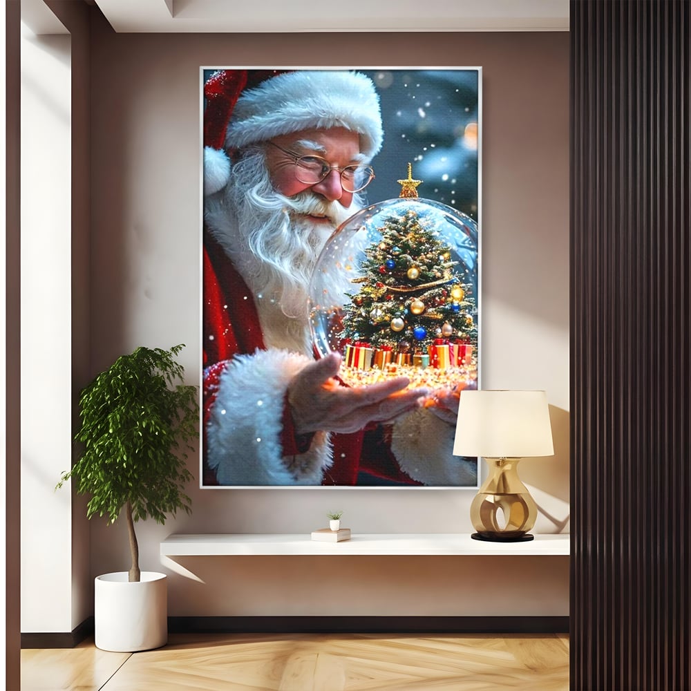 Canvas Wall Art Premium, LuxCanva® D1119, Wunder der Palme, Traum, großzügig, Globus, Kristall, Geheimnis, Geschenk, Magie, Kugel, Kugel, Hand, Geschenk, Weihnachtsmann, Wohnen, Schlafzimmer