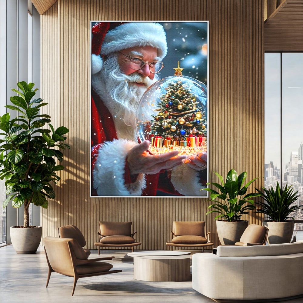 Canvas Wall Art Premium, LuxCanva® D1119, Wunder der Palme, Traum, großzügig, Globus, Kristall, Geheimnis, Geschenk, Magie, Kugel, Kugel, Hand, Geschenk, Weihnachtsmann, Wohnen, Schlafzimmer