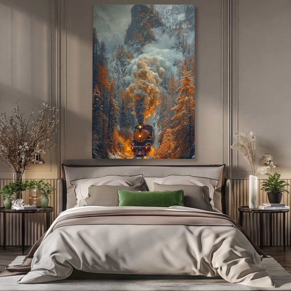 Tablou Canvas Premium, LuxCanva® D1120, Trenul Timpului, Drum, Aburi, Munti, Calatorie, Craciun, Fum, Gara, Tren, Polar, Express, Aventura, Nostalgie, Natura, Vacanta, Living, Dormitor