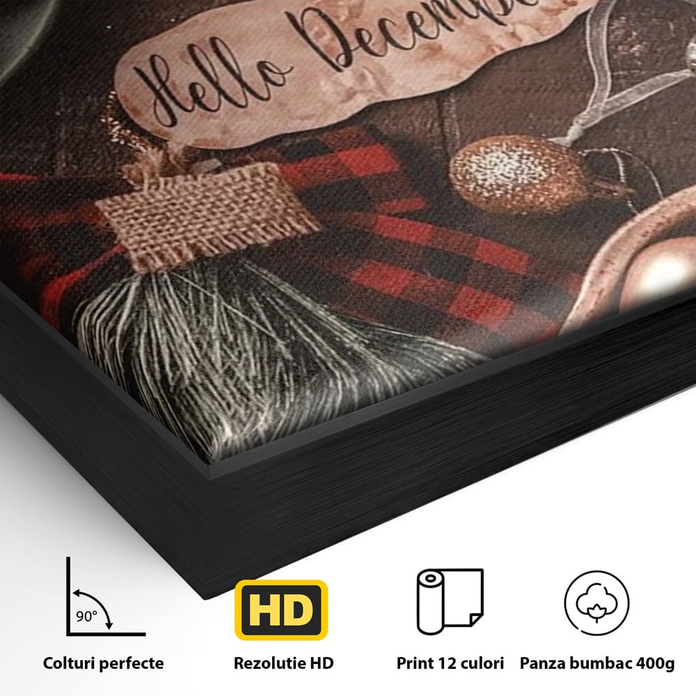 Tablou Canvas Premium, LuxCanva® D1121, Pregatiri Pentru Sarbatori, Decembrie, Magie, Luna, Anotimp, Iarna, Globuri, Cadouri, Panglici, Rosu, Auriu, Spirit, Festiv, Living, Dormitor
