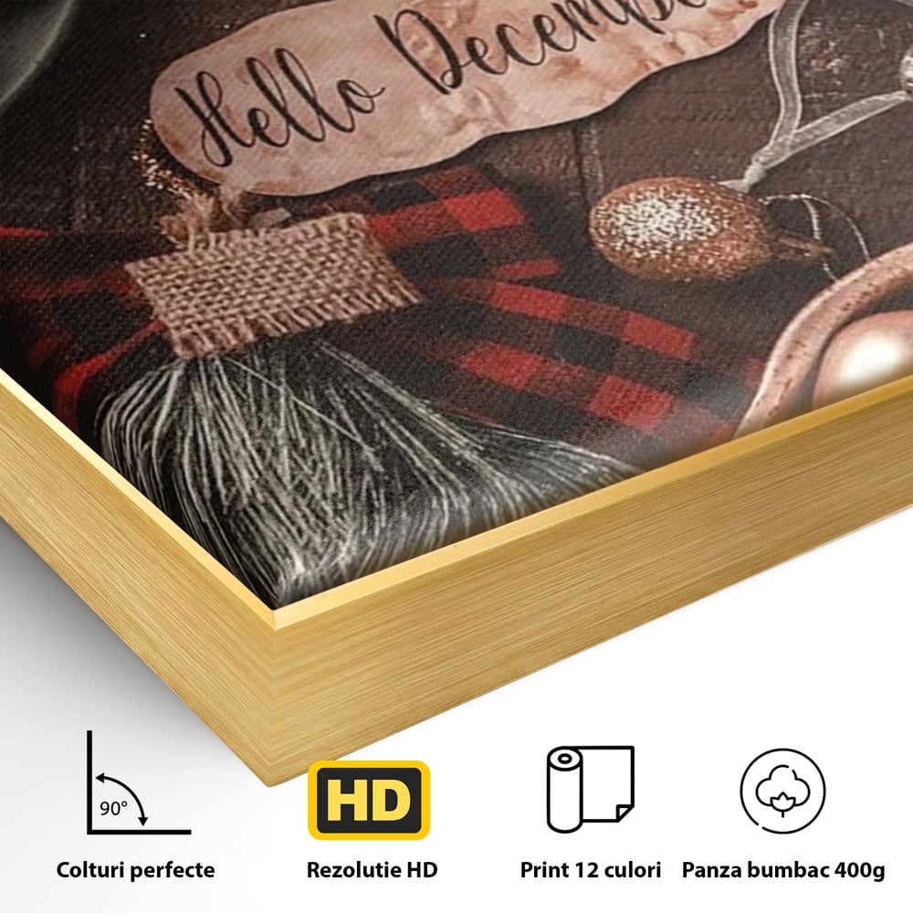 Tablou Canvas Premium, LuxCanva® D1121, Pregatiri Pentru Sarbatori, Decembrie, Magie, Luna, Anotimp, Iarna, Globuri, Cadouri, Panglici, Rosu, Auriu, Spirit, Festiv, Living, Dormitor