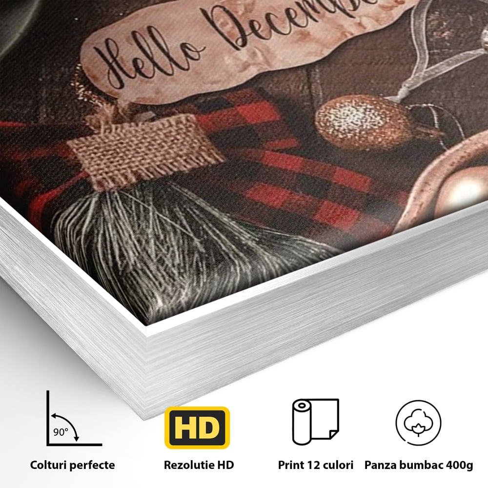 Tablou Canvas Premium, LuxCanva® D1121, Pregatiri Pentru Sarbatori, Decembrie, Magie, Luna, Anotimp, Iarna, Globuri, Cadouri, Panglici, Rosu, Auriu, Spirit, Festiv, Living, Dormitor