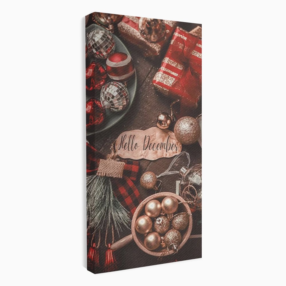 Tablou Canvas Premium, LuxCanva® D1121, Pregatiri Pentru Sarbatori, Decembrie, Magie, Luna, Anotimp, Iarna, Globuri, Cadouri, Panglici, Rosu, Auriu, Spirit, Festiv, Living, Dormitor