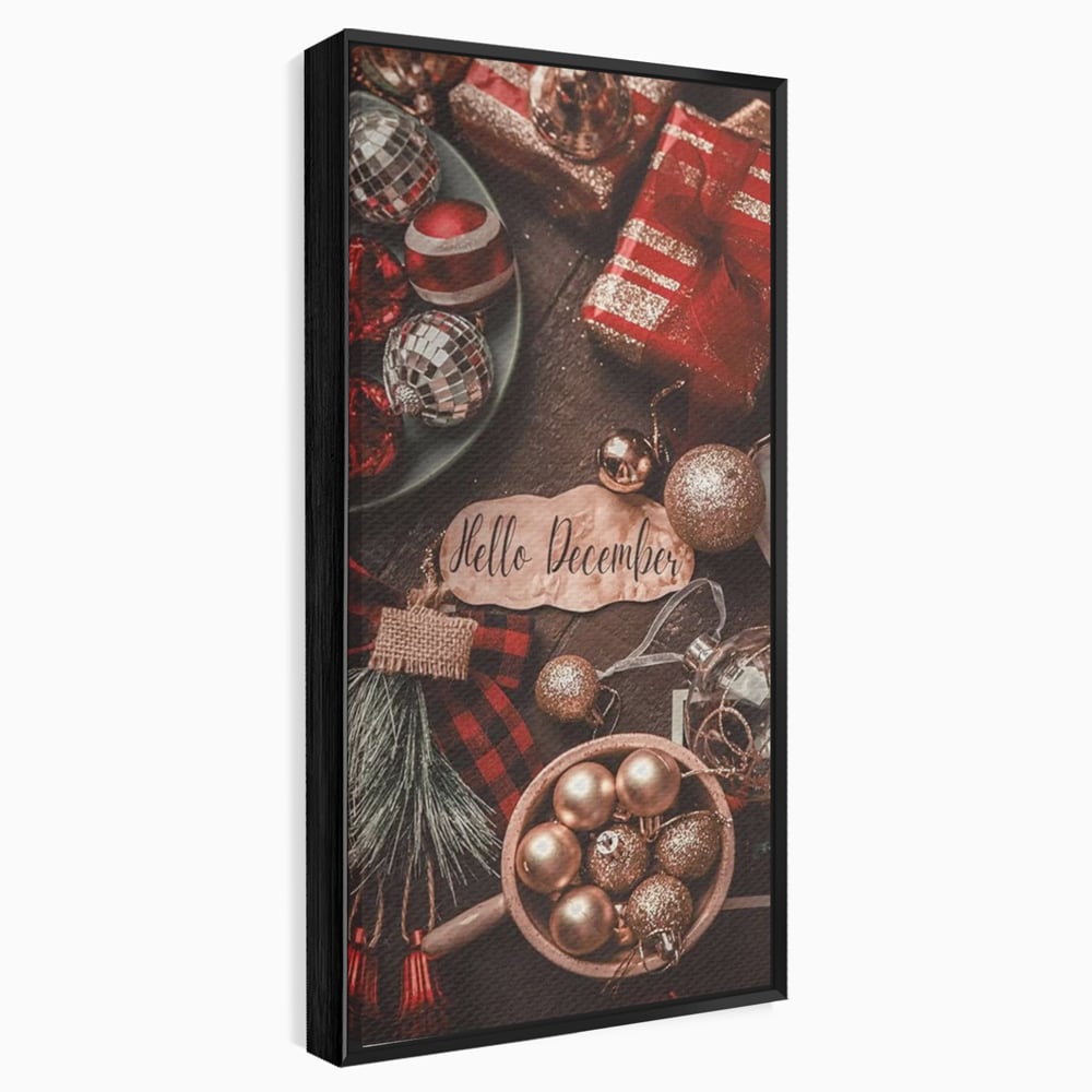 Tablou Canvas Premium, LuxCanva® D1121, Pregatiri Pentru Sarbatori, Decembrie, Magie, Luna, Anotimp, Iarna, Globuri, Cadouri, Panglici, Rosu, Auriu, Spirit, Festiv, Living, Dormitor