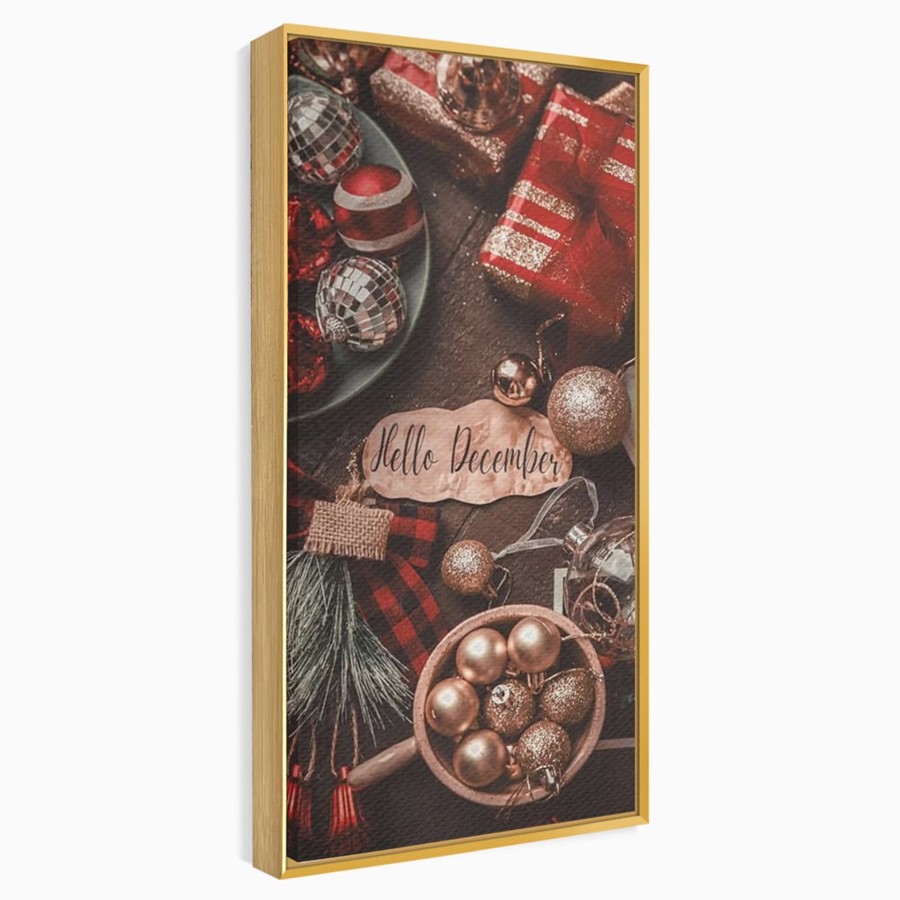 Tablou Canvas Premium, LuxCanva® D1121, Pregatiri Pentru Sarbatori, Decembrie, Magie, Luna, Anotimp, Iarna, Globuri, Cadouri, Panglici, Rosu, Auriu, Spirit, Festiv, Living, Dormitor