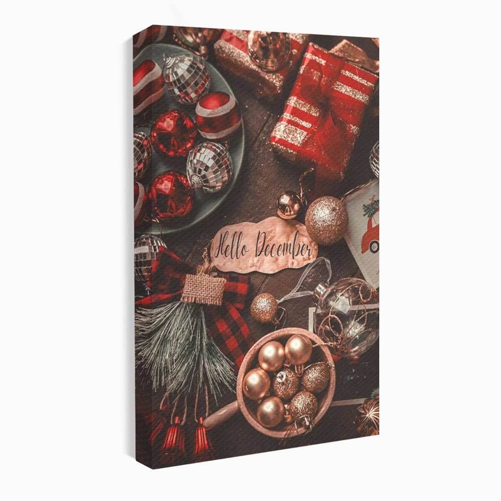 Tablou Canvas Premium, LuxCanva® D1121, Pregatiri Pentru Sarbatori, Decembrie, Magie, Luna, Anotimp, Iarna, Globuri, Cadouri, Panglici, Rosu, Auriu, Spirit, Festiv, Living, Dormitor