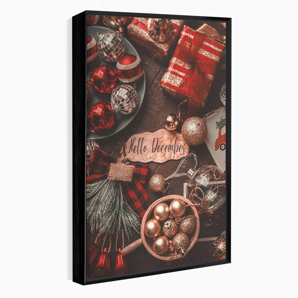 Tablou Canvas Premium, LuxCanva® D1121, Pregatiri Pentru Sarbatori, Decembrie, Magie, Luna, Anotimp, Iarna, Globuri, Cadouri, Panglici, Rosu, Auriu, Spirit, Festiv, Living, Dormitor