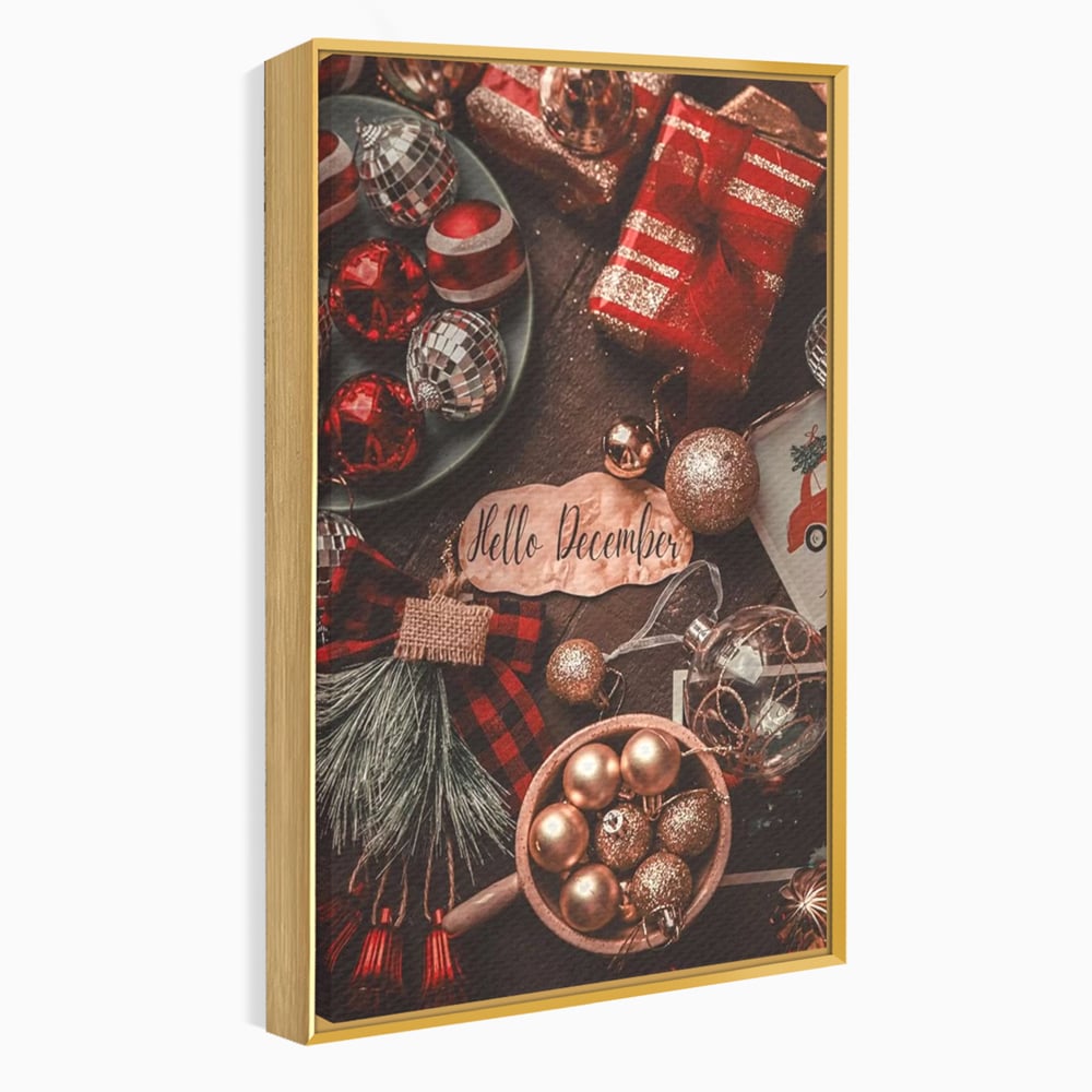 Tablou Canvas Premium, LuxCanva® D1121, Pregatiri Pentru Sarbatori, Decembrie, Magie, Luna, Anotimp, Iarna, Globuri, Cadouri, Panglici, Rosu, Auriu, Spirit, Festiv, Living, Dormitor