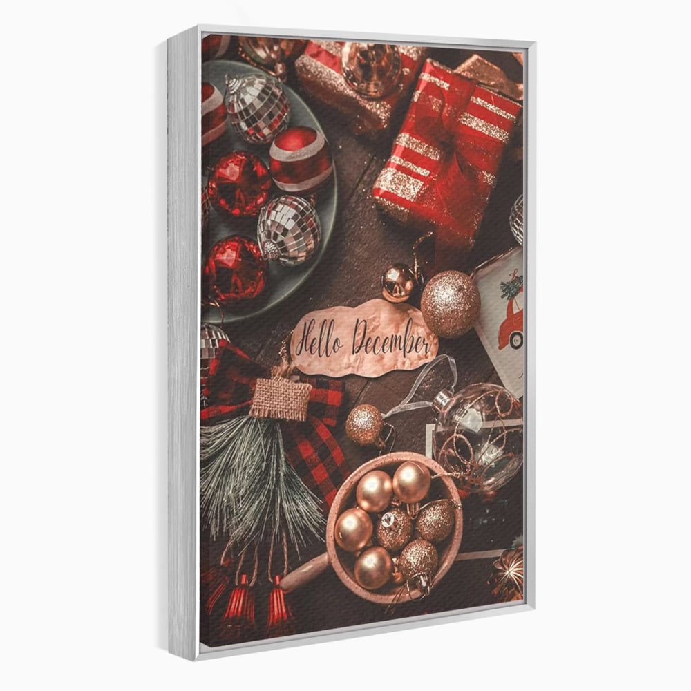 Tablou Canvas Premium, LuxCanva® D1121, Pregatiri Pentru Sarbatori, Decembrie, Magie, Luna, Anotimp, Iarna, Globuri, Cadouri, Panglici, Rosu, Auriu, Spirit, Festiv, Living, Dormitor