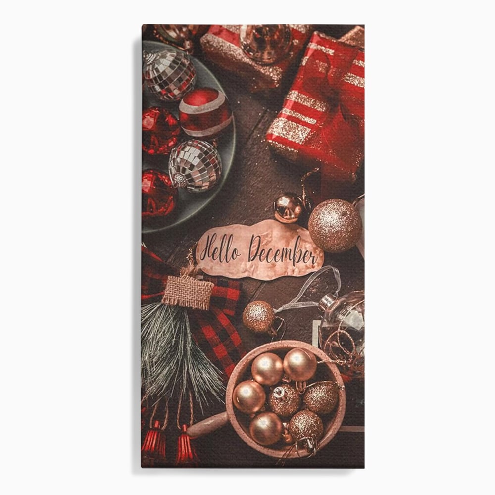 Tablou Canvas Premium, LuxCanva® D1121, Pregatiri Pentru Sarbatori, Decembrie, Magie, Luna, Anotimp, Iarna, Globuri, Cadouri, Panglici, Rosu, Auriu, Spirit, Festiv, Living, Dormitor