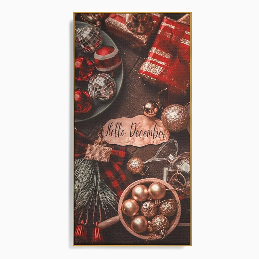 Tablou Canvas Premium, LuxCanva® D1121, Pregatiri Pentru Sarbatori, Decembrie, Magie, Luna, Anotimp, Iarna, Globuri, Cadouri, Panglici, Rosu, Auriu, Spirit, Festiv, Living, Dormitor