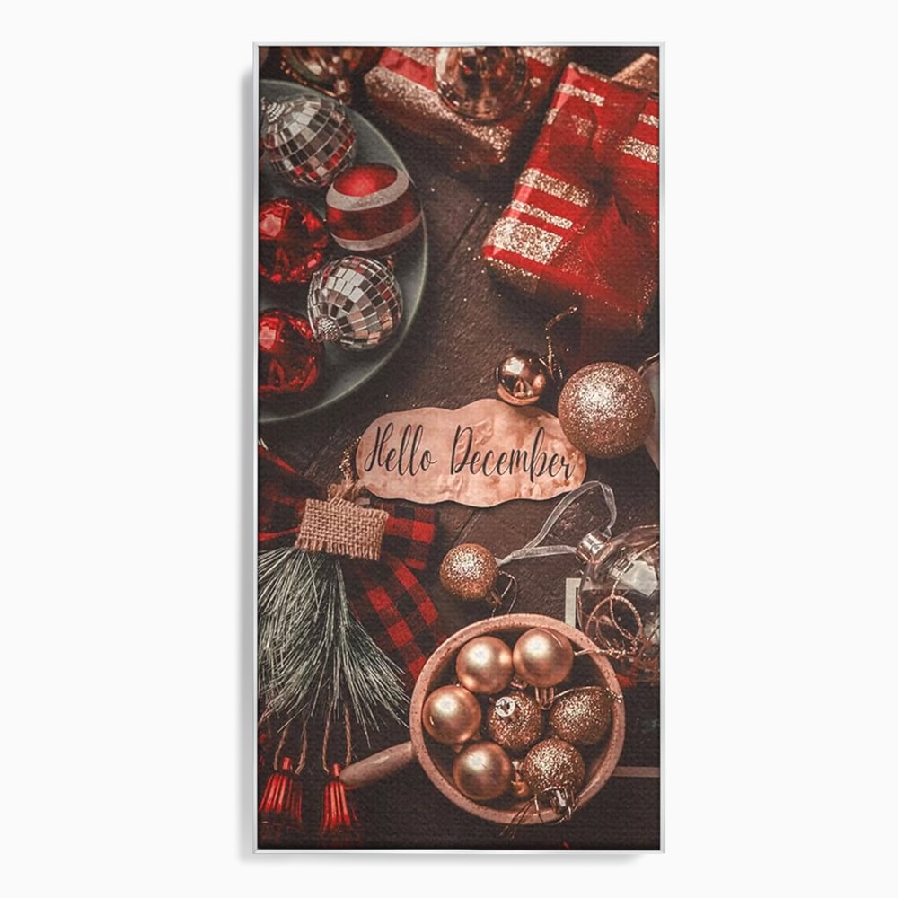 Tablou Canvas Premium, LuxCanva® D1121, Pregatiri Pentru Sarbatori, Decembrie, Magie, Luna, Anotimp, Iarna, Globuri, Cadouri, Panglici, Rosu, Auriu, Spirit, Festiv, Living, Dormitor