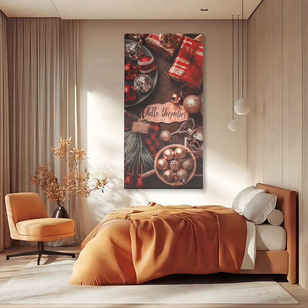 Tablou Canvas Premium, LuxCanva® D1121, Pregatiri Pentru Sarbatori, Decembrie, Magie, Luna, Anotimp, Iarna, Globuri, Cadouri, Panglici, Rosu, Auriu, Spirit, Festiv, Living, Dormitor