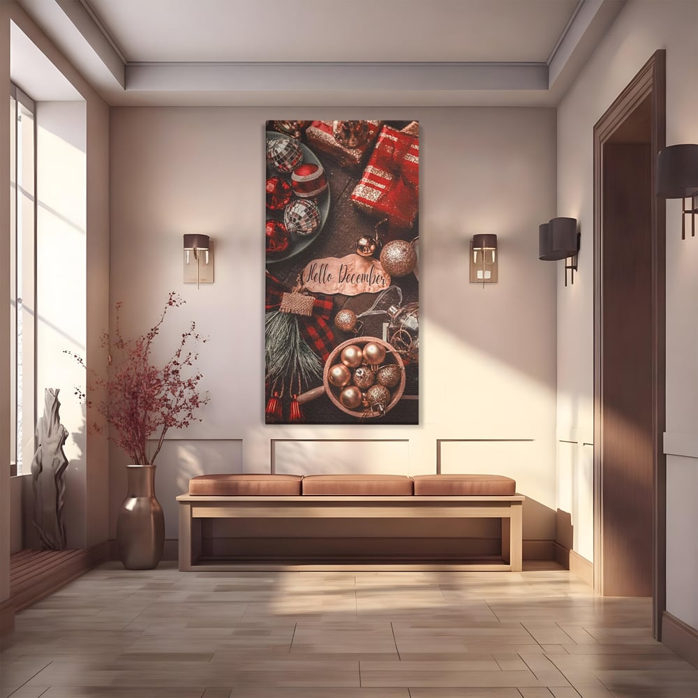 Tablou Canvas Premium, LuxCanva® D1121, Pregatiri Pentru Sarbatori, Decembrie, Magie, Luna, Anotimp, Iarna, Globuri, Cadouri, Panglici, Rosu, Auriu, Spirit, Festiv, Living, Dormitor