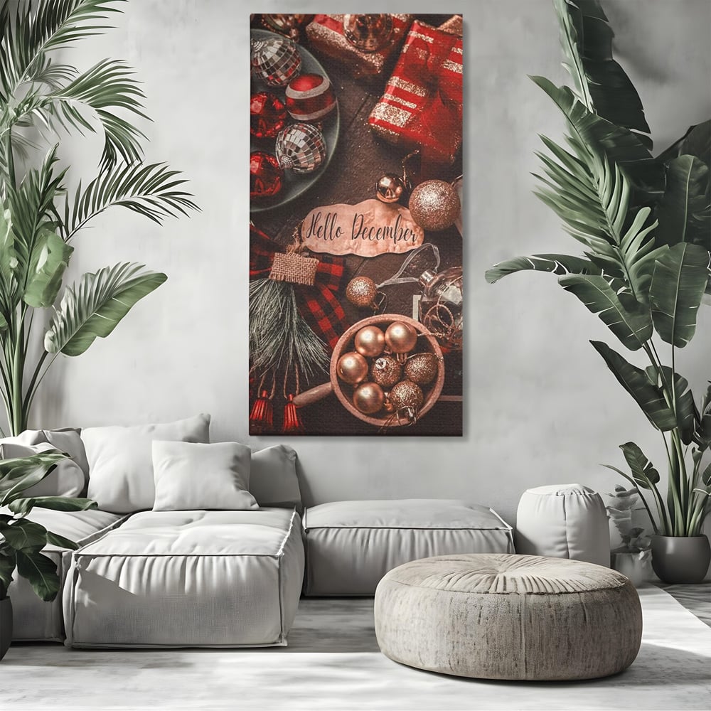 Tablou Canvas Premium, LuxCanva® D1121, Pregatiri Pentru Sarbatori, Decembrie, Magie, Luna, Anotimp, Iarna, Globuri, Cadouri, Panglici, Rosu, Auriu, Spirit, Festiv, Living, Dormitor