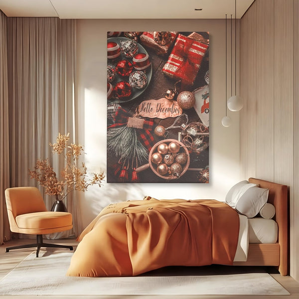 Tablou Canvas Premium, LuxCanva® D1121, Pregatiri Pentru Sarbatori, Decembrie, Magie, Luna, Anotimp, Iarna, Globuri, Cadouri, Panglici, Rosu, Auriu, Spirit, Festiv, Living, Dormitor