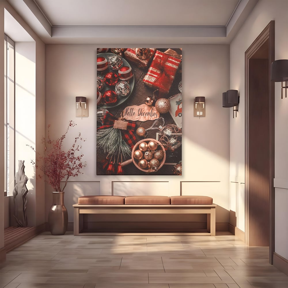 Tablou Canvas Premium, LuxCanva® D1121, Pregatiri Pentru Sarbatori, Decembrie, Magie, Luna, Anotimp, Iarna, Globuri, Cadouri, Panglici, Rosu, Auriu, Spirit, Festiv, Living, Dormitor