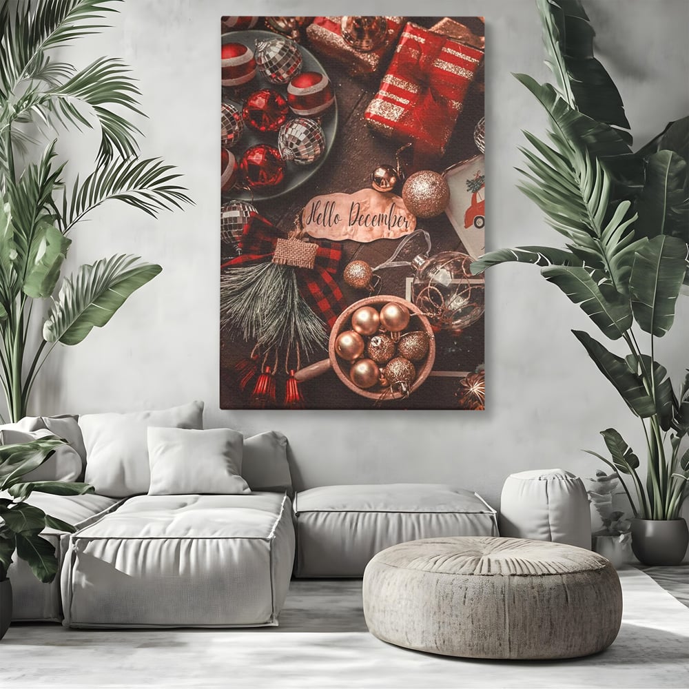 Tablou Canvas Premium, LuxCanva® D1121, Pregatiri Pentru Sarbatori, Decembrie, Magie, Luna, Anotimp, Iarna, Globuri, Cadouri, Panglici, Rosu, Auriu, Spirit, Festiv, Living, Dormitor