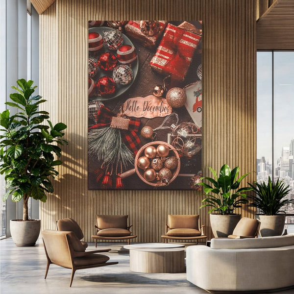 Tablou Canvas Premium, LuxCanva® D1121, Pregatiri Pentru Sarbatori, Decembrie, Magie, Luna, Anotimp, Iarna, Globuri, Cadouri, Panglici, Rosu, Auriu, Spirit, Festiv, Living, Dormitor