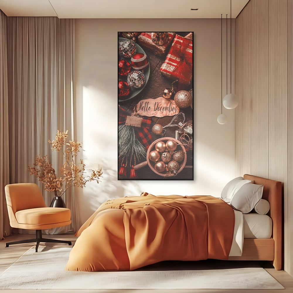 Tablou Canvas Premium, LuxCanva® D1121, Pregatiri Pentru Sarbatori, Decembrie, Magie, Luna, Anotimp, Iarna, Globuri, Cadouri, Panglici, Rosu, Auriu, Spirit, Festiv, Living, Dormitor