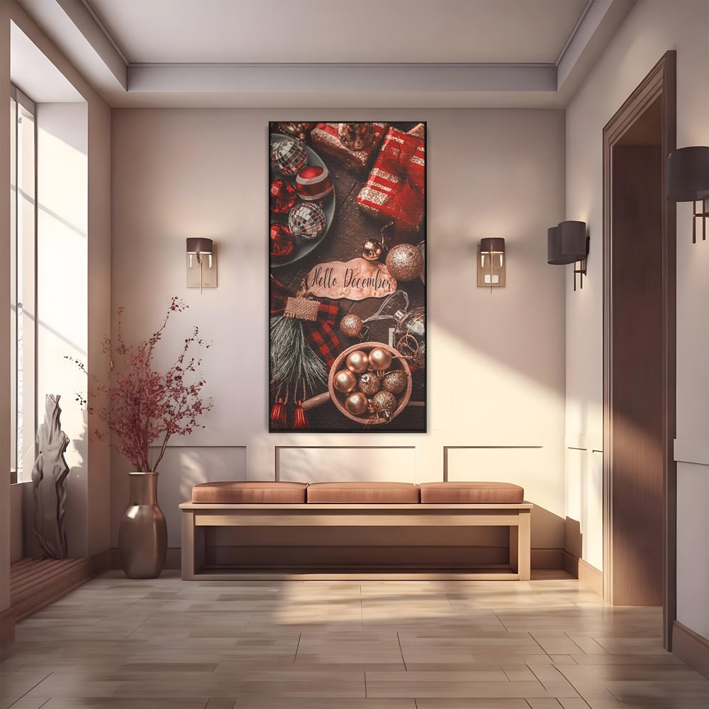 Tablou Canvas Premium, LuxCanva® D1121, Pregatiri Pentru Sarbatori, Decembrie, Magie, Luna, Anotimp, Iarna, Globuri, Cadouri, Panglici, Rosu, Auriu, Spirit, Festiv, Living, Dormitor