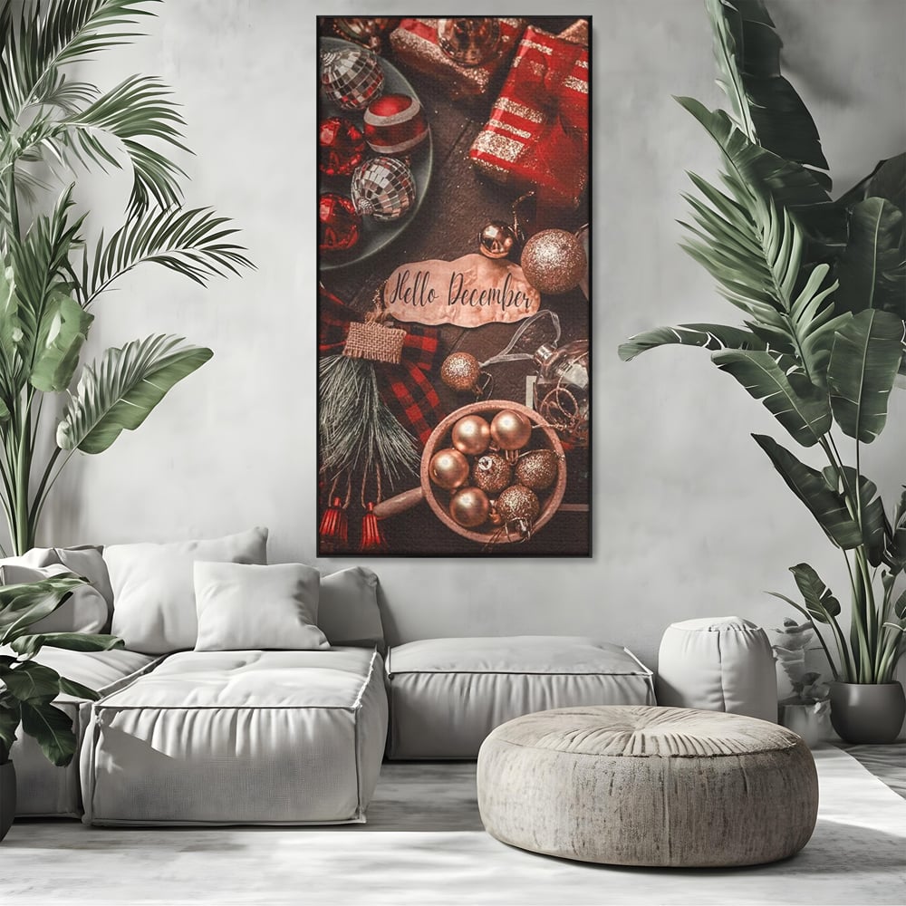 Tablou Canvas Premium, LuxCanva® D1121, Pregatiri Pentru Sarbatori, Decembrie, Magie, Luna, Anotimp, Iarna, Globuri, Cadouri, Panglici, Rosu, Auriu, Spirit, Festiv, Living, Dormitor
