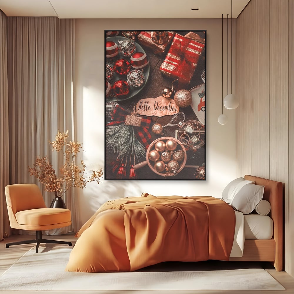 Tablou Canvas Premium, LuxCanva® D1121, Pregatiri Pentru Sarbatori, Decembrie, Magie, Luna, Anotimp, Iarna, Globuri, Cadouri, Panglici, Rosu, Auriu, Spirit, Festiv, Living, Dormitor