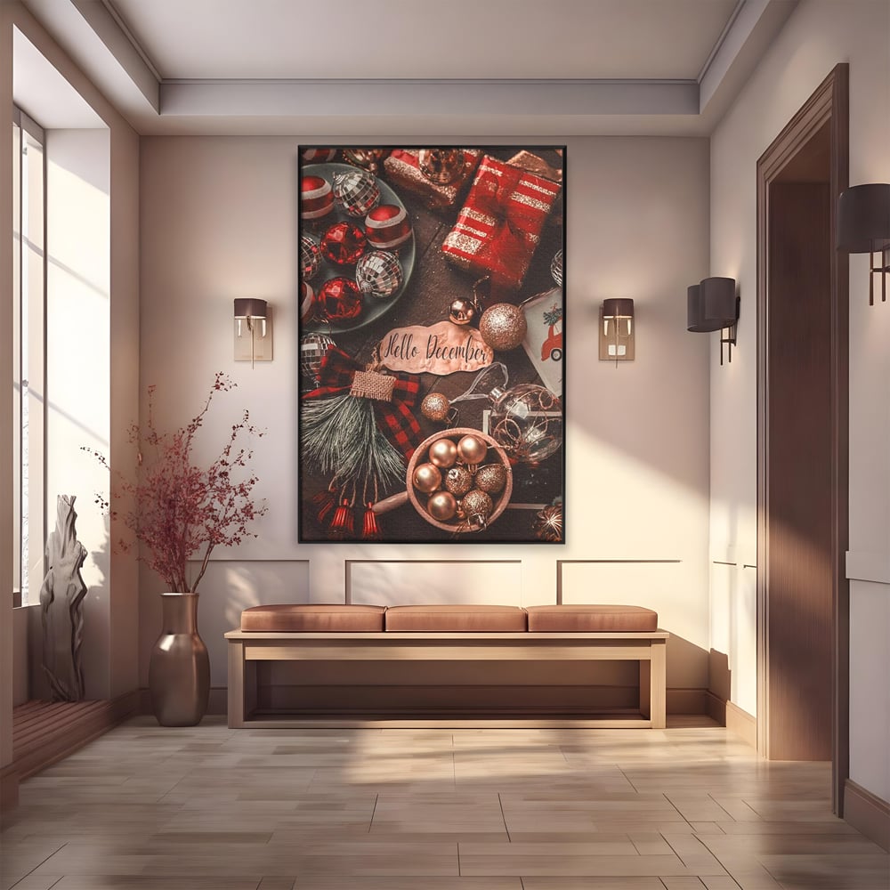 Tablou Canvas Premium, LuxCanva® D1121, Pregatiri Pentru Sarbatori, Decembrie, Magie, Luna, Anotimp, Iarna, Globuri, Cadouri, Panglici, Rosu, Auriu, Spirit, Festiv, Living, Dormitor
