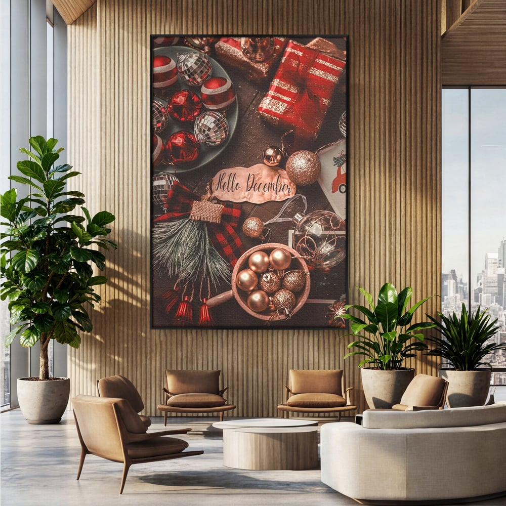 Tablou Canvas Premium, LuxCanva® D1121, Pregatiri Pentru Sarbatori, Decembrie, Magie, Luna, Anotimp, Iarna, Globuri, Cadouri, Panglici, Rosu, Auriu, Spirit, Festiv, Living, Dormitor
