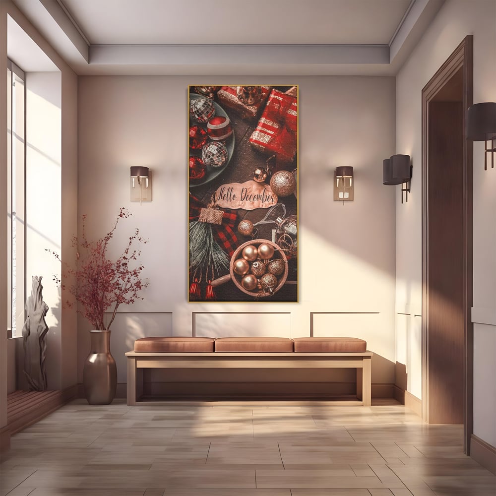 Tablou Canvas Premium, LuxCanva® D1121, Pregatiri Pentru Sarbatori, Decembrie, Magie, Luna, Anotimp, Iarna, Globuri, Cadouri, Panglici, Rosu, Auriu, Spirit, Festiv, Living, Dormitor