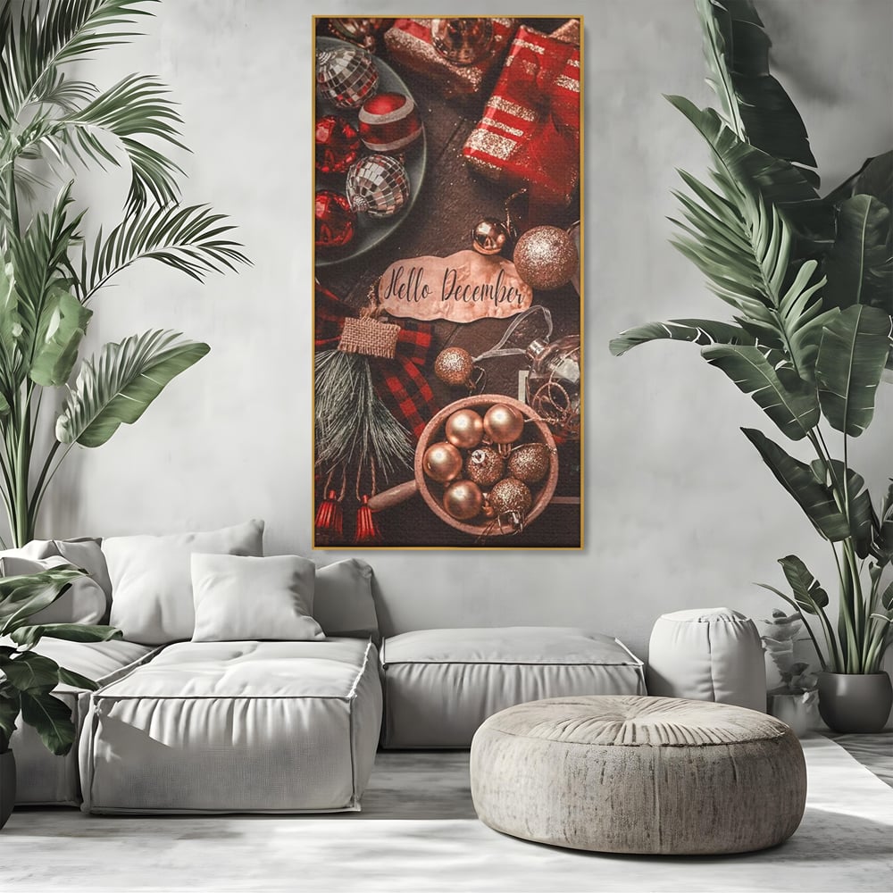 Tablou Canvas Premium, LuxCanva® D1121, Pregatiri Pentru Sarbatori, Decembrie, Magie, Luna, Anotimp, Iarna, Globuri, Cadouri, Panglici, Rosu, Auriu, Spirit, Festiv, Living, Dormitor