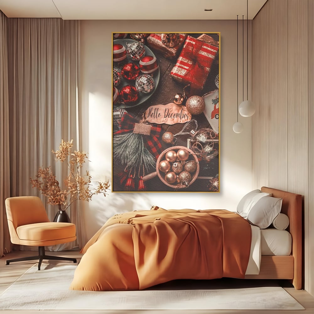 Tablou Canvas Premium, LuxCanva® D1121, Pregatiri Pentru Sarbatori, Decembrie, Magie, Luna, Anotimp, Iarna, Globuri, Cadouri, Panglici, Rosu, Auriu, Spirit, Festiv, Living, Dormitor