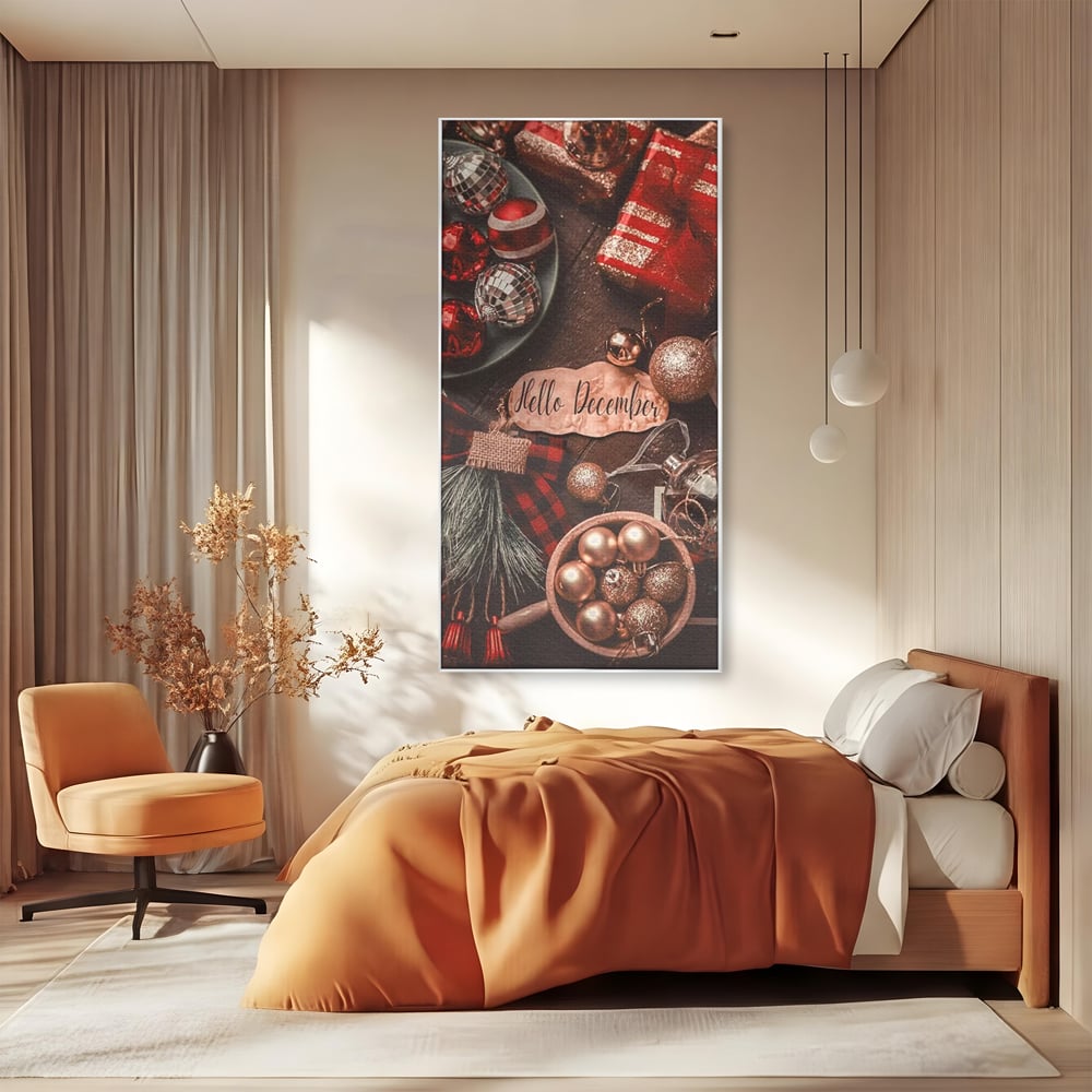 Tablou Canvas Premium, LuxCanva® D1121, Pregatiri Pentru Sarbatori, Decembrie, Magie, Luna, Anotimp, Iarna, Globuri, Cadouri, Panglici, Rosu, Auriu, Spirit, Festiv, Living, Dormitor