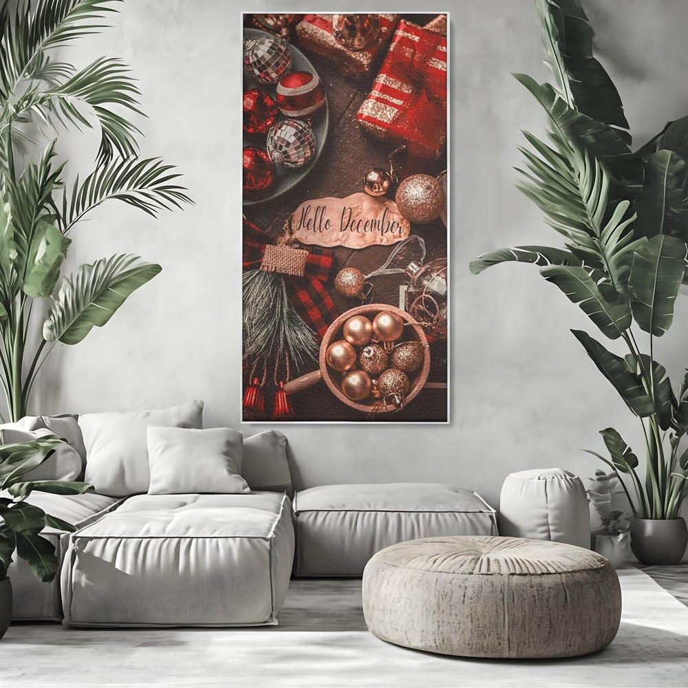 Tablou Canvas Premium, LuxCanva® D1121, Pregatiri Pentru Sarbatori, Decembrie, Magie, Luna, Anotimp, Iarna, Globuri, Cadouri, Panglici, Rosu, Auriu, Spirit, Festiv, Living, Dormitor