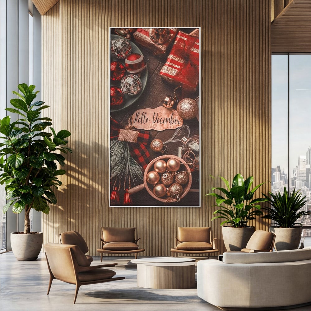 Tablou Canvas Premium, LuxCanva® D1121, Pregatiri Pentru Sarbatori, Decembrie, Magie, Luna, Anotimp, Iarna, Globuri, Cadouri, Panglici, Rosu, Auriu, Spirit, Festiv, Living, Dormitor