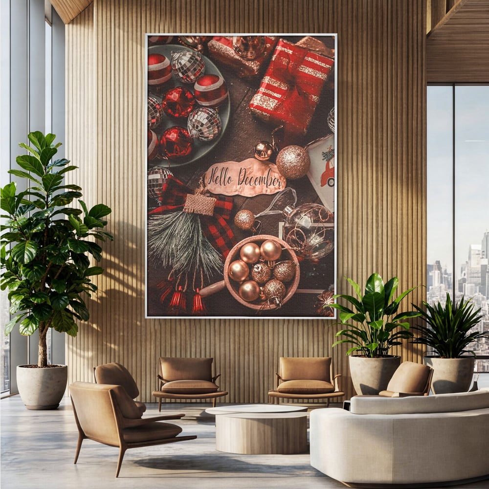 Tablou Canvas Premium, LuxCanva® D1121, Pregatiri Pentru Sarbatori, Decembrie, Magie, Luna, Anotimp, Iarna, Globuri, Cadouri, Panglici, Rosu, Auriu, Spirit, Festiv, Living, Dormitor