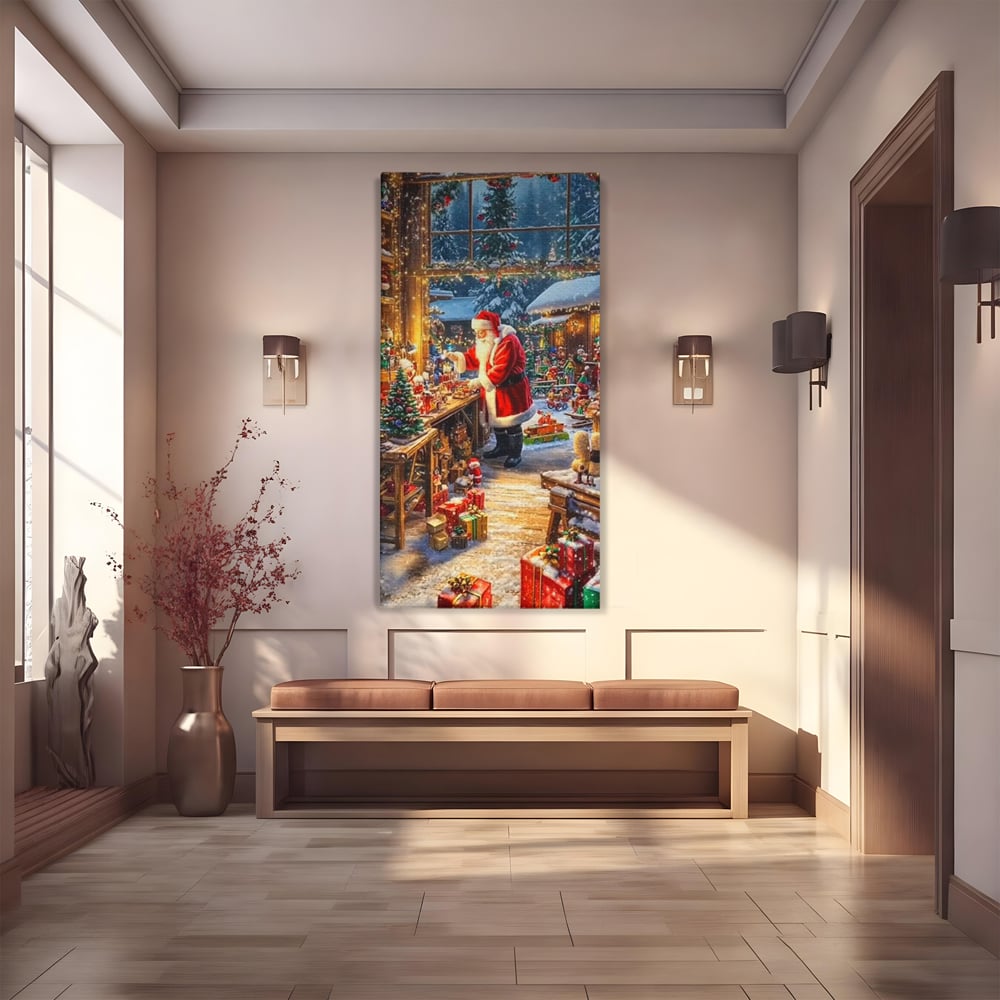 Leinwand Wandkunst Canvas Premium, LuxCanva® D1122, Wunder von Lappland, Winter, Weihnachten, Werkstatt, Spielzeug, Kinder, Werkstatt, Elfen, Verpackung, Geschenke, Schenken, Hoffnung, Weihnachtsmann, Wohnen, Schlafzimmer