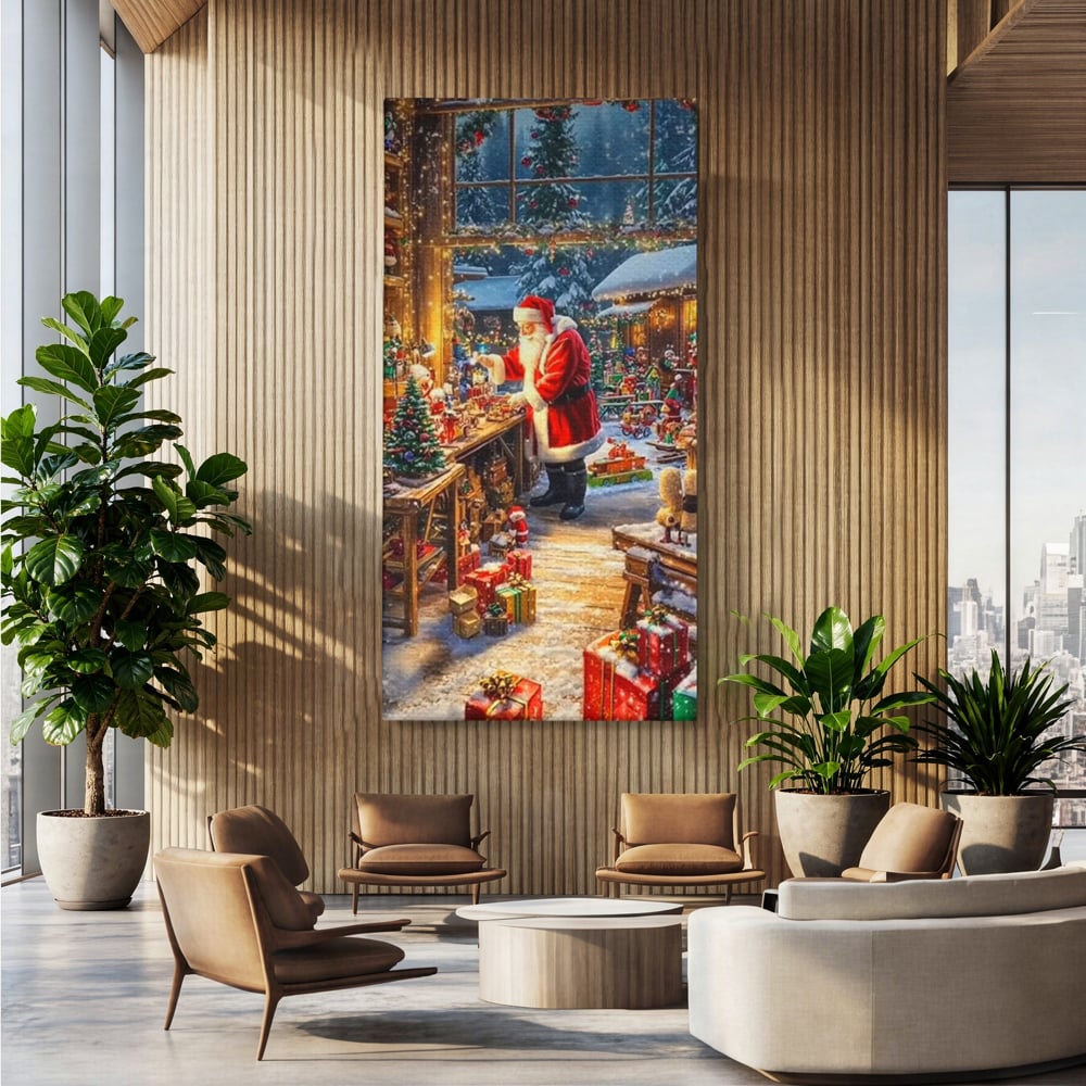 Leinwand Wandkunst Canvas Premium, LuxCanva® D1122, Wunder von Lappland, Winter, Weihnachten, Werkstatt, Spielzeug, Kinder, Werkstatt, Elfen, Verpackung, Geschenke, Schenken, Hoffnung, Weihnachtsmann, Wohnen, Schlafzimmer