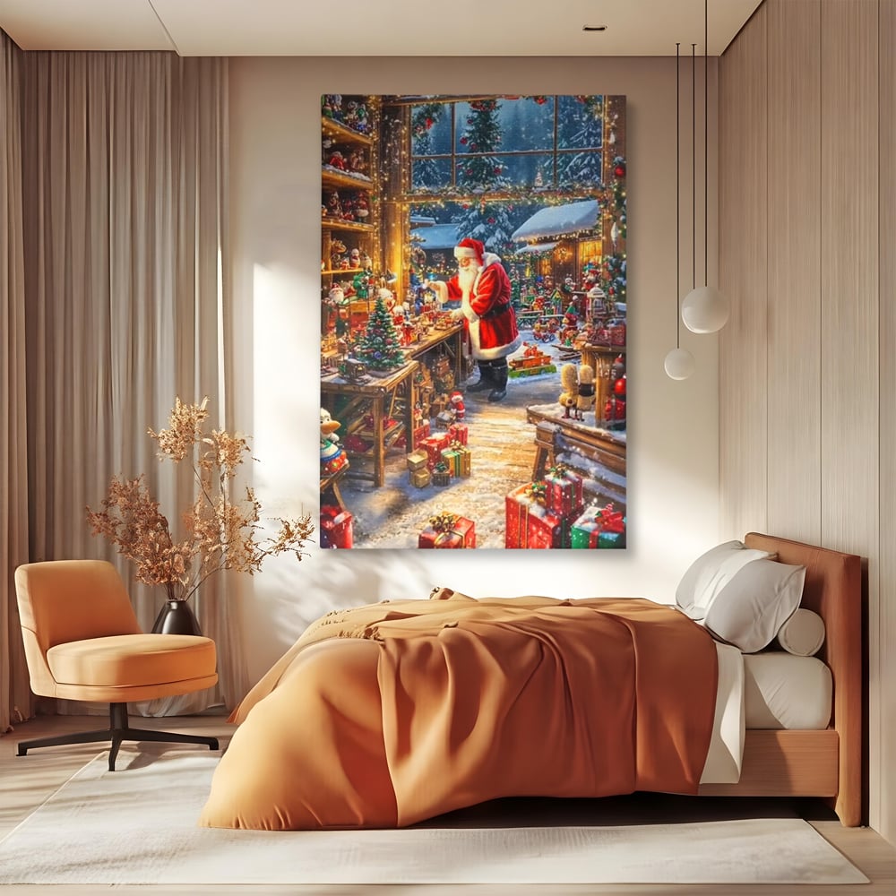 Leinwand Wandkunst Canvas Premium, LuxCanva® D1122, Wunder von Lappland, Winter, Weihnachten, Werkstatt, Spielzeug, Kinder, Werkstatt, Elfen, Verpackung, Geschenke, Schenken, Hoffnung, Weihnachtsmann, Wohnen, Schlafzimmer
