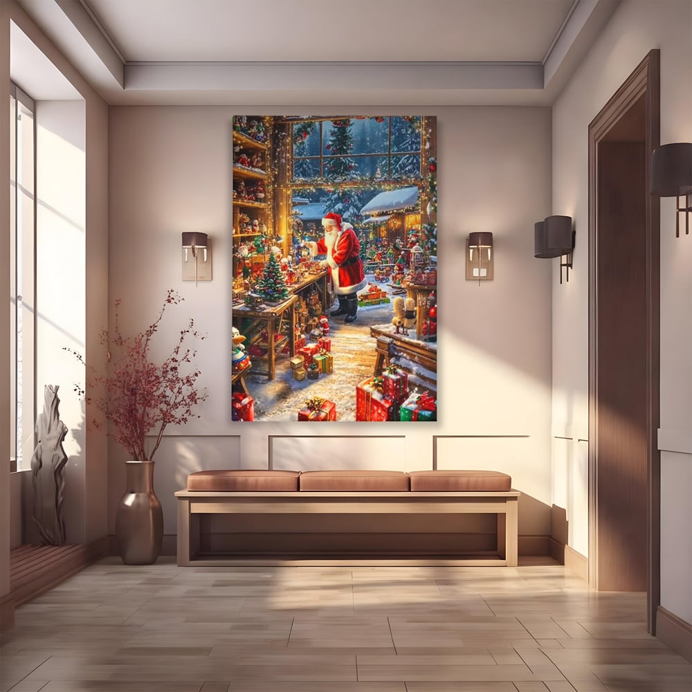 Leinwand Wandkunst Canvas Premium, LuxCanva® D1122, Wunder von Lappland, Winter, Weihnachten, Werkstatt, Spielzeug, Kinder, Werkstatt, Elfen, Verpackung, Geschenke, Schenken, Hoffnung, Weihnachtsmann, Wohnen, Schlafzimmer