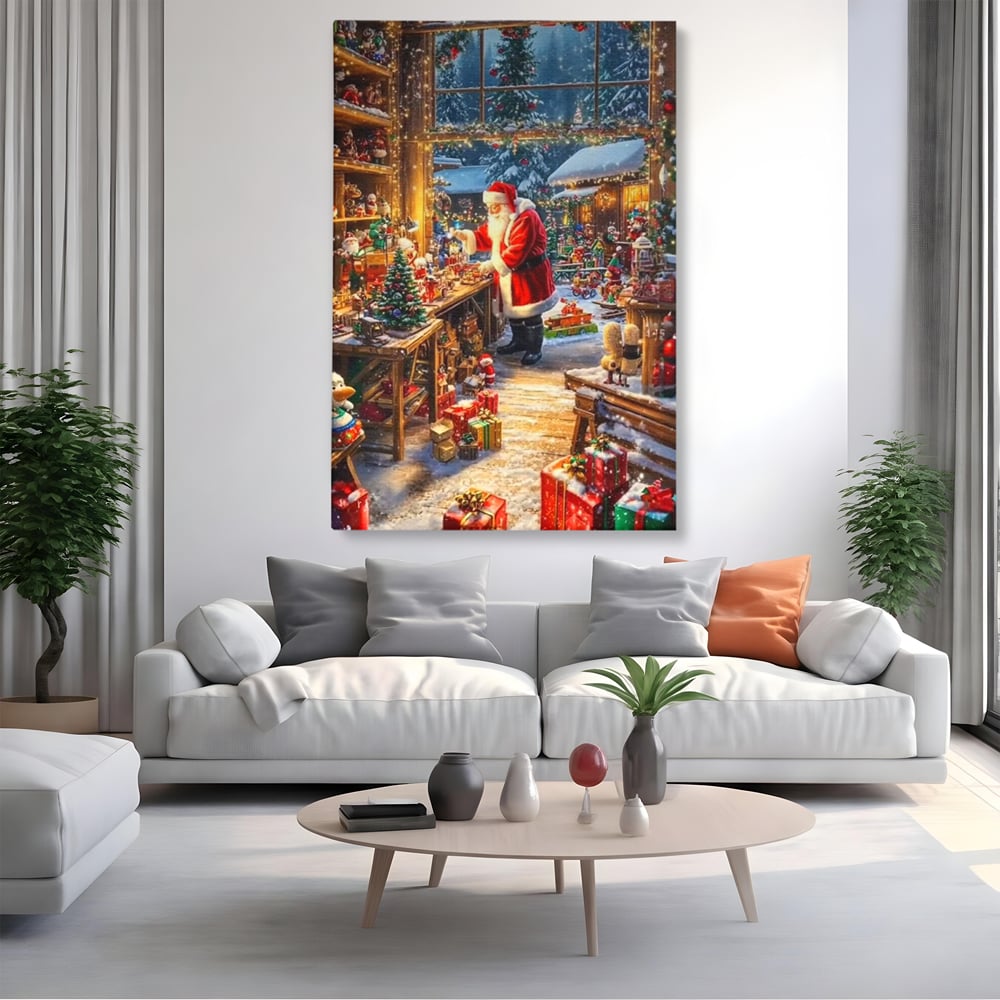 Leinwand Wandkunst Canvas Premium, LuxCanva® D1122, Wunder von Lappland, Winter, Weihnachten, Werkstatt, Spielzeug, Kinder, Werkstatt, Elfen, Verpackung, Geschenke, Schenken, Hoffnung, Weihnachtsmann, Wohnen, Schlafzimmer