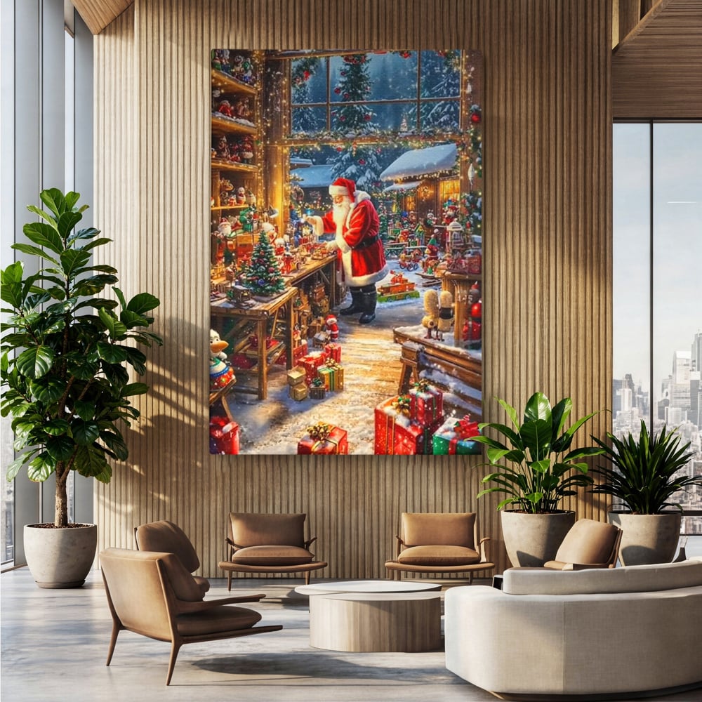 Leinwand Wandkunst Canvas Premium, LuxCanva® D1122, Wunder von Lappland, Winter, Weihnachten, Werkstatt, Spielzeug, Kinder, Werkstatt, Elfen, Verpackung, Geschenke, Schenken, Hoffnung, Weihnachtsmann, Wohnen, Schlafzimmer