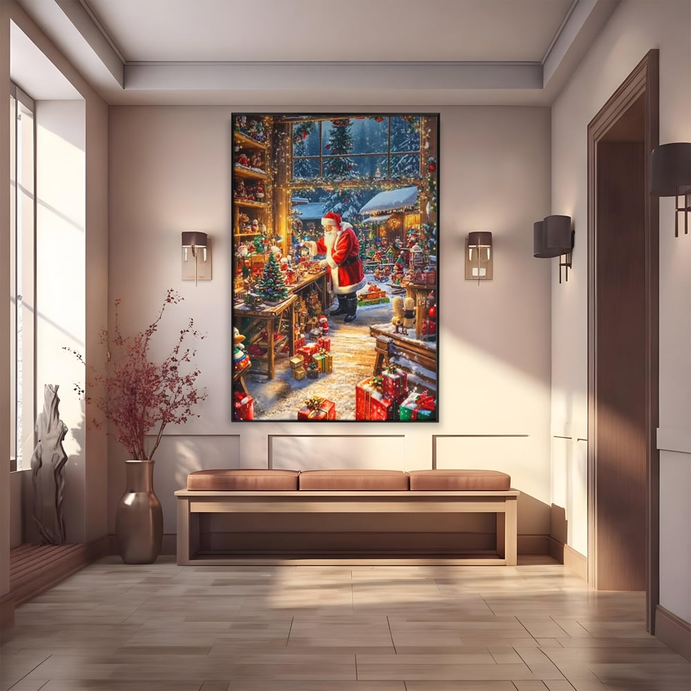 Leinwand Wandkunst Canvas Premium, LuxCanva® D1122, Wunder von Lappland, Winter, Weihnachten, Werkstatt, Spielzeug, Kinder, Werkstatt, Elfen, Verpackung, Geschenke, Schenken, Hoffnung, Weihnachtsmann, Wohnen, Schlafzimmer