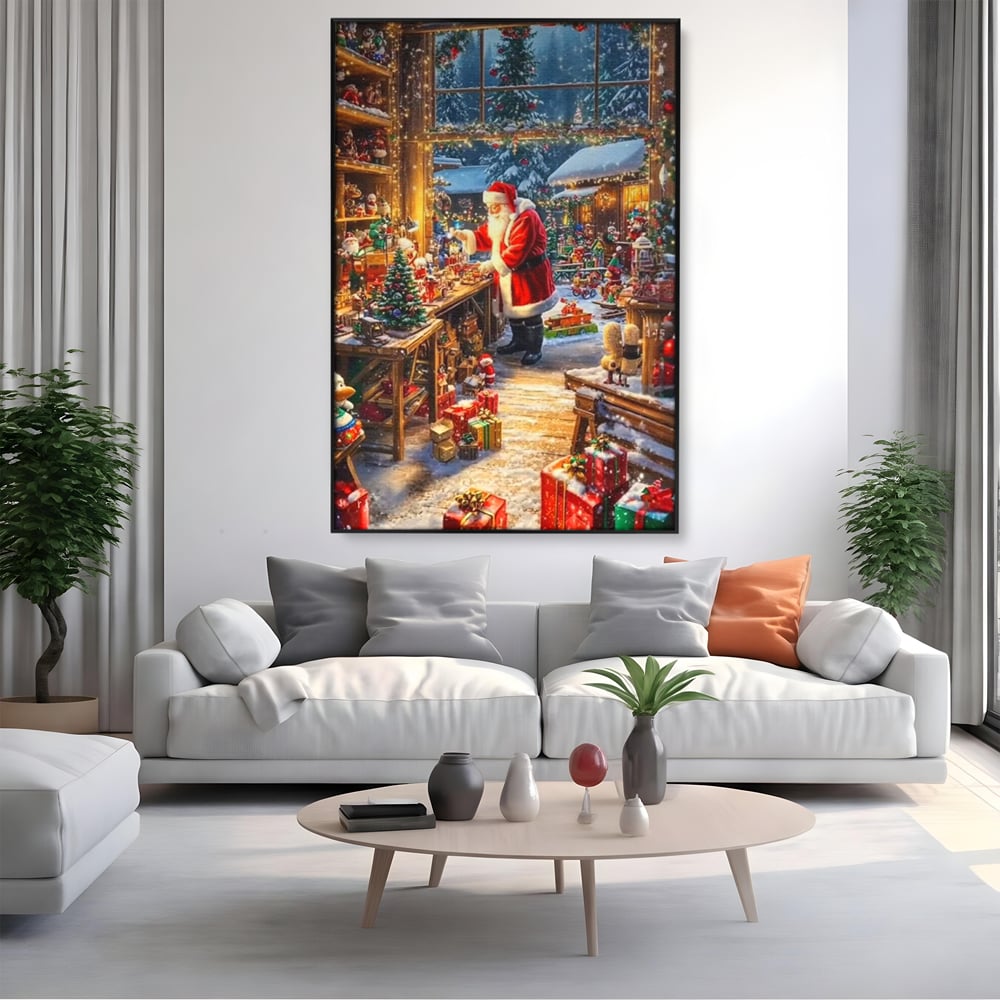 Leinwand Wandkunst Canvas Premium, LuxCanva® D1122, Wunder von Lappland, Winter, Weihnachten, Werkstatt, Spielzeug, Kinder, Werkstatt, Elfen, Verpackung, Geschenke, Schenken, Hoffnung, Weihnachtsmann, Wohnen, Schlafzimmer