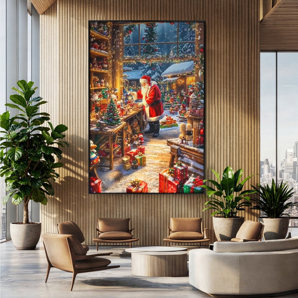Leinwand Wandkunst Canvas Premium, LuxCanva® D1122, Wunder von Lappland, Winter, Weihnachten, Werkstatt, Spielzeug, Kinder, Werkstatt, Elfen, Verpackung, Geschenke, Schenken, Hoffnung, Weihnachtsmann, Wohnen, Schlafzimmer
