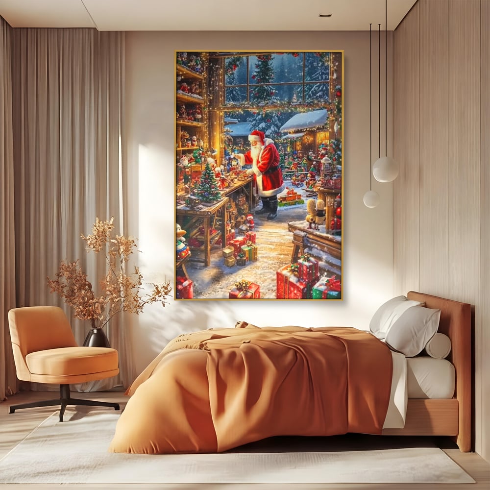 Leinwand Wandkunst Canvas Premium, LuxCanva® D1122, Wunder von Lappland, Winter, Weihnachten, Werkstatt, Spielzeug, Kinder, Werkstatt, Elfen, Verpackung, Geschenke, Schenken, Hoffnung, Weihnachtsmann, Wohnen, Schlafzimmer