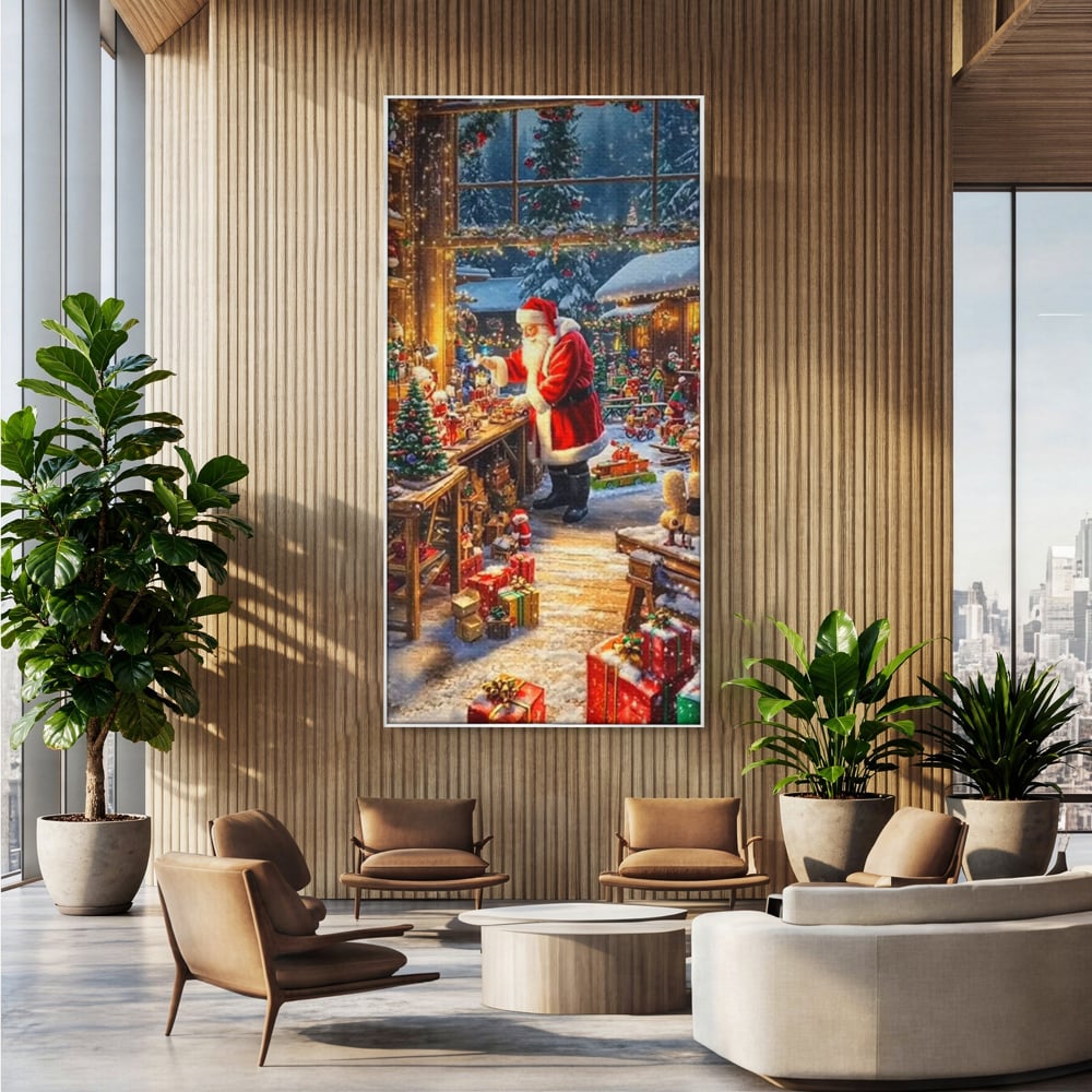 Leinwand Wandkunst Canvas Premium, LuxCanva® D1122, Wunder von Lappland, Winter, Weihnachten, Werkstatt, Spielzeug, Kinder, Werkstatt, Elfen, Verpackung, Geschenke, Schenken, Hoffnung, Weihnachtsmann, Wohnen, Schlafzimmer