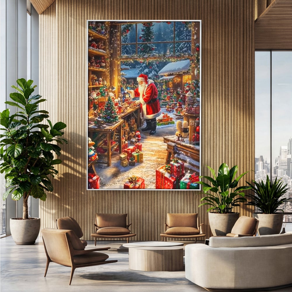 Leinwand Wandkunst Canvas Premium, LuxCanva® D1122, Wunder von Lappland, Winter, Weihnachten, Werkstatt, Spielzeug, Kinder, Werkstatt, Elfen, Verpackung, Geschenke, Schenken, Hoffnung, Weihnachtsmann, Wohnen, Schlafzimmer