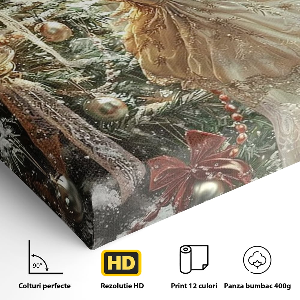 Leinwand Wandkunst Canvas Premium, LuxCanva® D1124, Weihnachtsfee, Flügel, Fenster, Flügel, Flügel, Fenster, Tanne, Staub, Sterne, Magie, Tanz, Märchen, Märchen, Tanzen, Märchen, Engel, Fee, Wunder, Weihnachten, Wohnen, Schlafzimmer