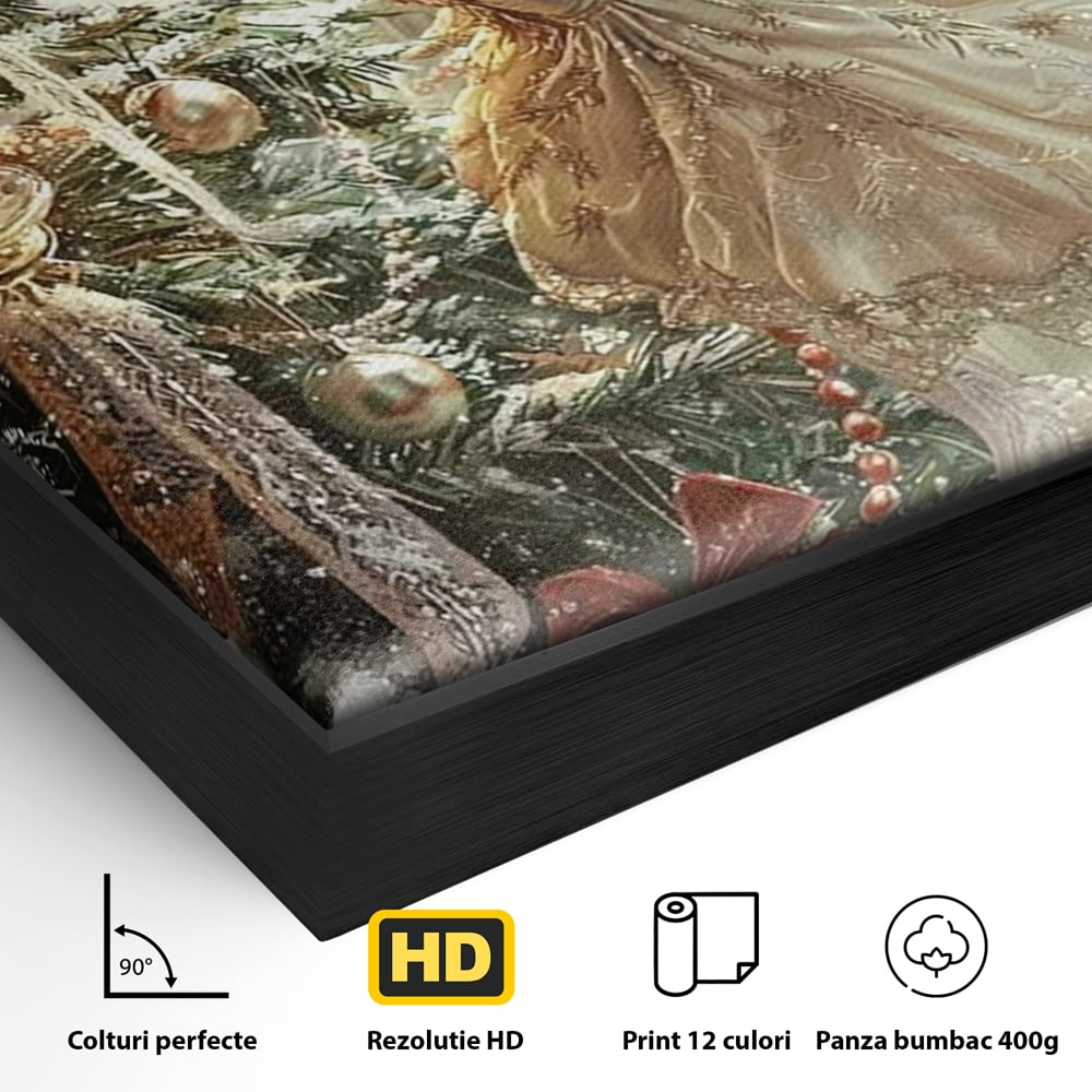 Leinwand Wandkunst Canvas Premium, LuxCanva® D1124, Weihnachtsfee, Flügel, Fenster, Flügel, Flügel, Fenster, Tanne, Staub, Sterne, Magie, Tanz, Märchen, Märchen, Tanzen, Märchen, Engel, Fee, Wunder, Weihnachten, Wohnen, Schlafzimmer